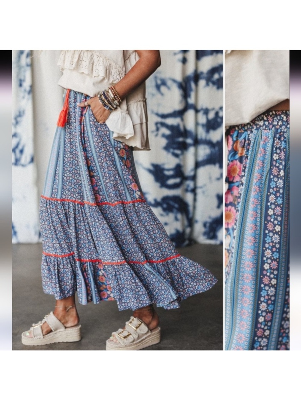 easel Blue Floral Patchwork Wide leg boho pants  with Orange Trim NWOT - Picture 4 of 15